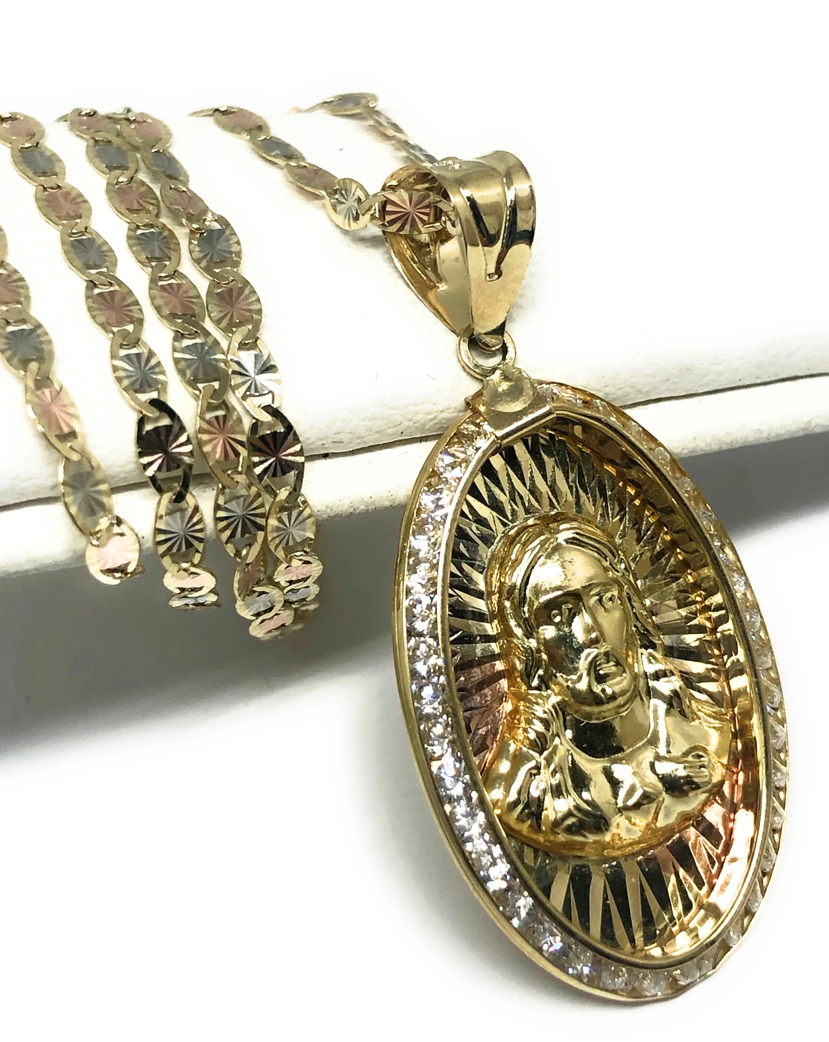 10k Solid Gold Yellow Gold Jesus Sagrado Corazon CZ Pendant Necklace Valentina Chain