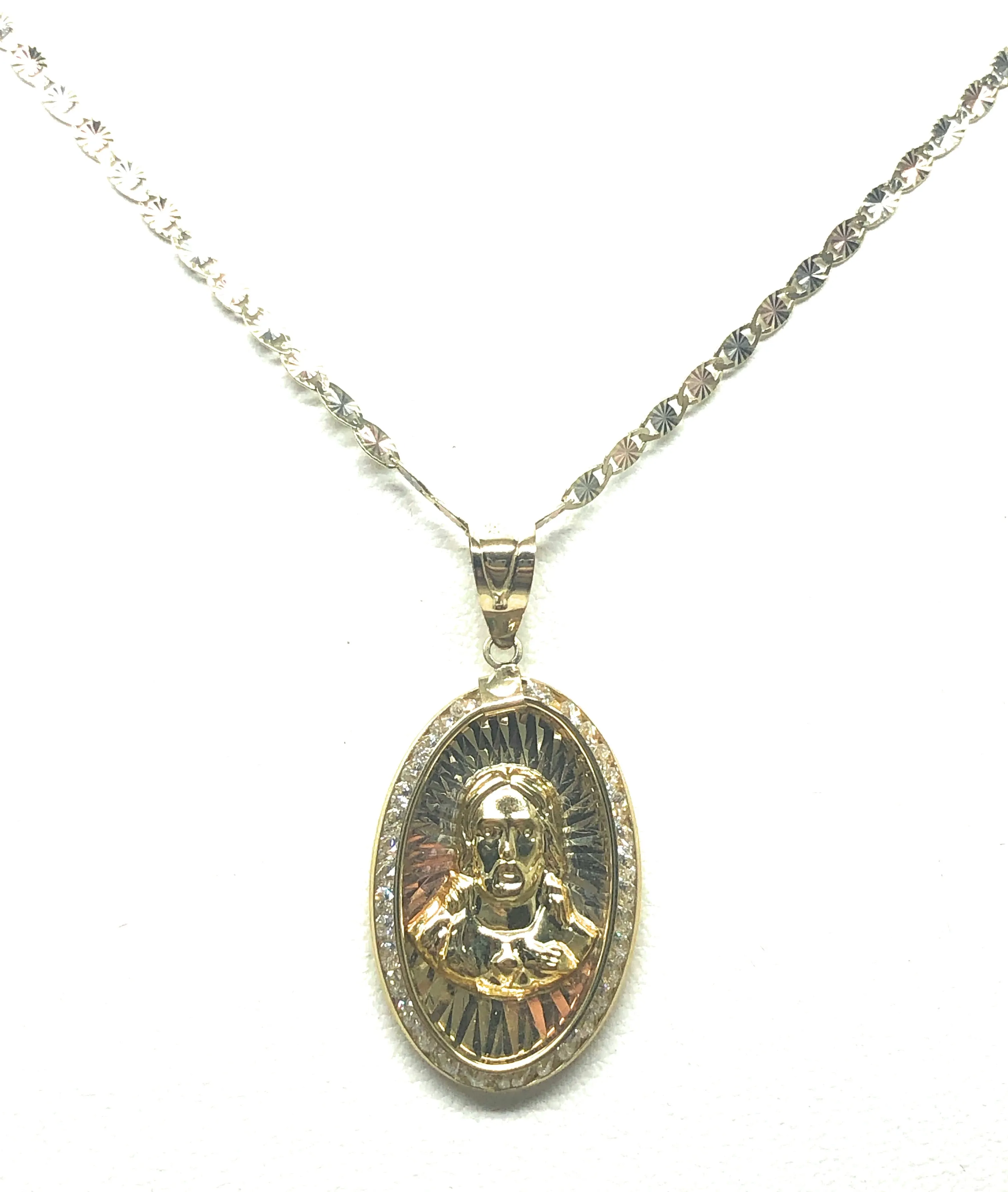 10k Solid Gold Yellow Gold Jesus Sagrado Corazon CZ Pendant Necklace Valentina Chain