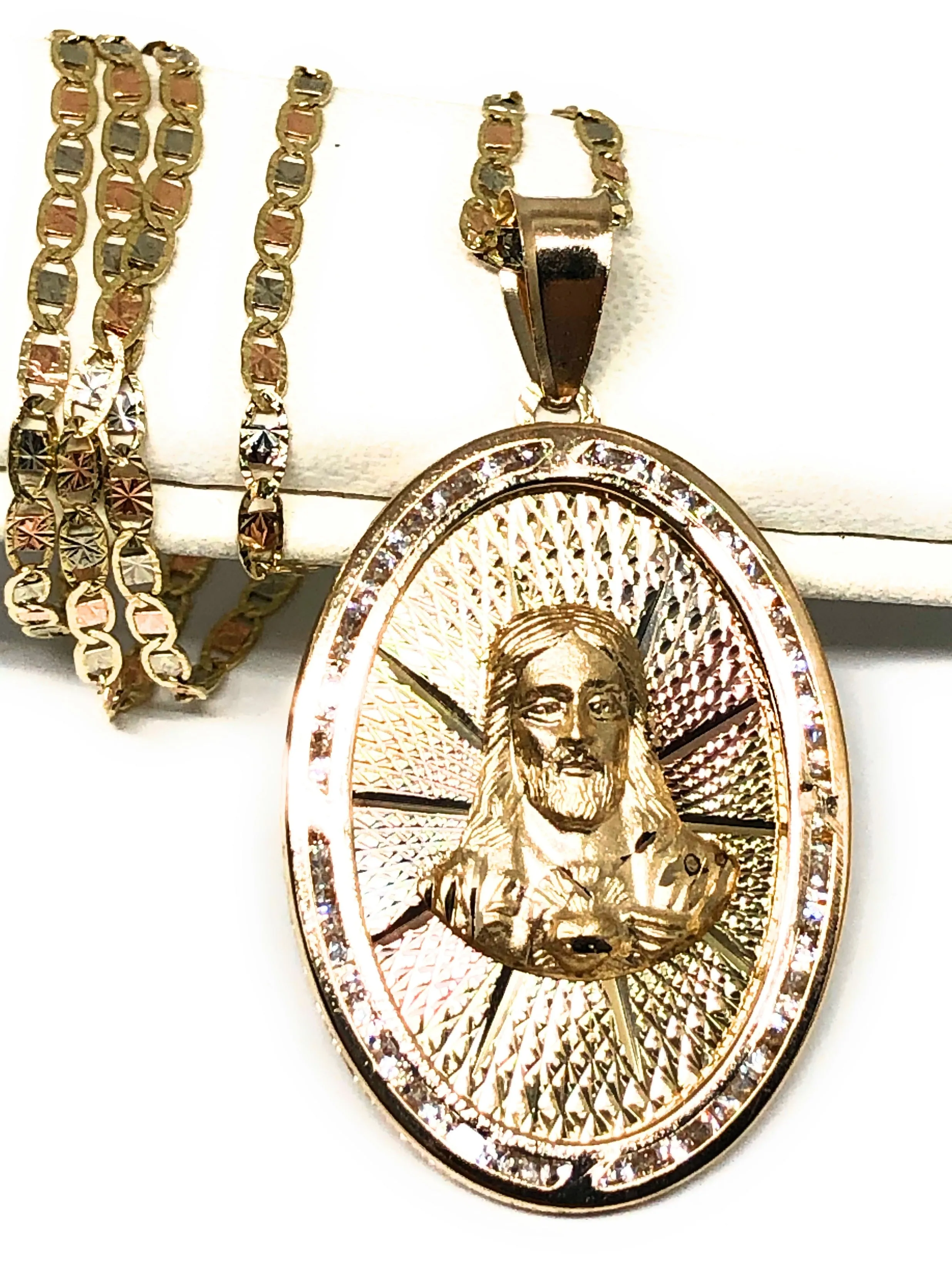 14k Solid Gold Tri-Color Jesus Sagrado Corazon Oval Pendant Necklace Valentina Chain