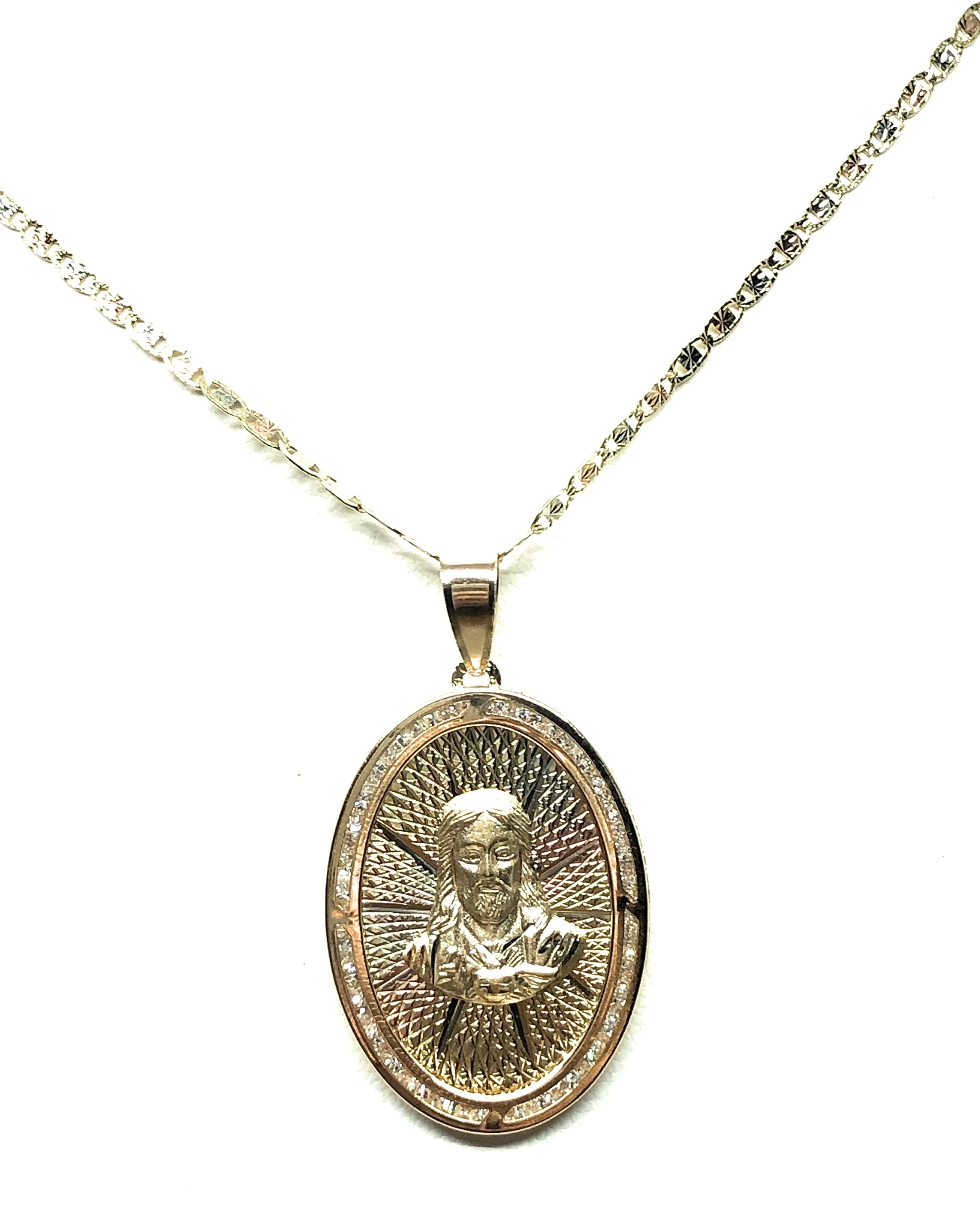 14k Solid Gold Tri-Color Jesus Sagrado Corazon Oval Pendant Necklace Valentina Chain