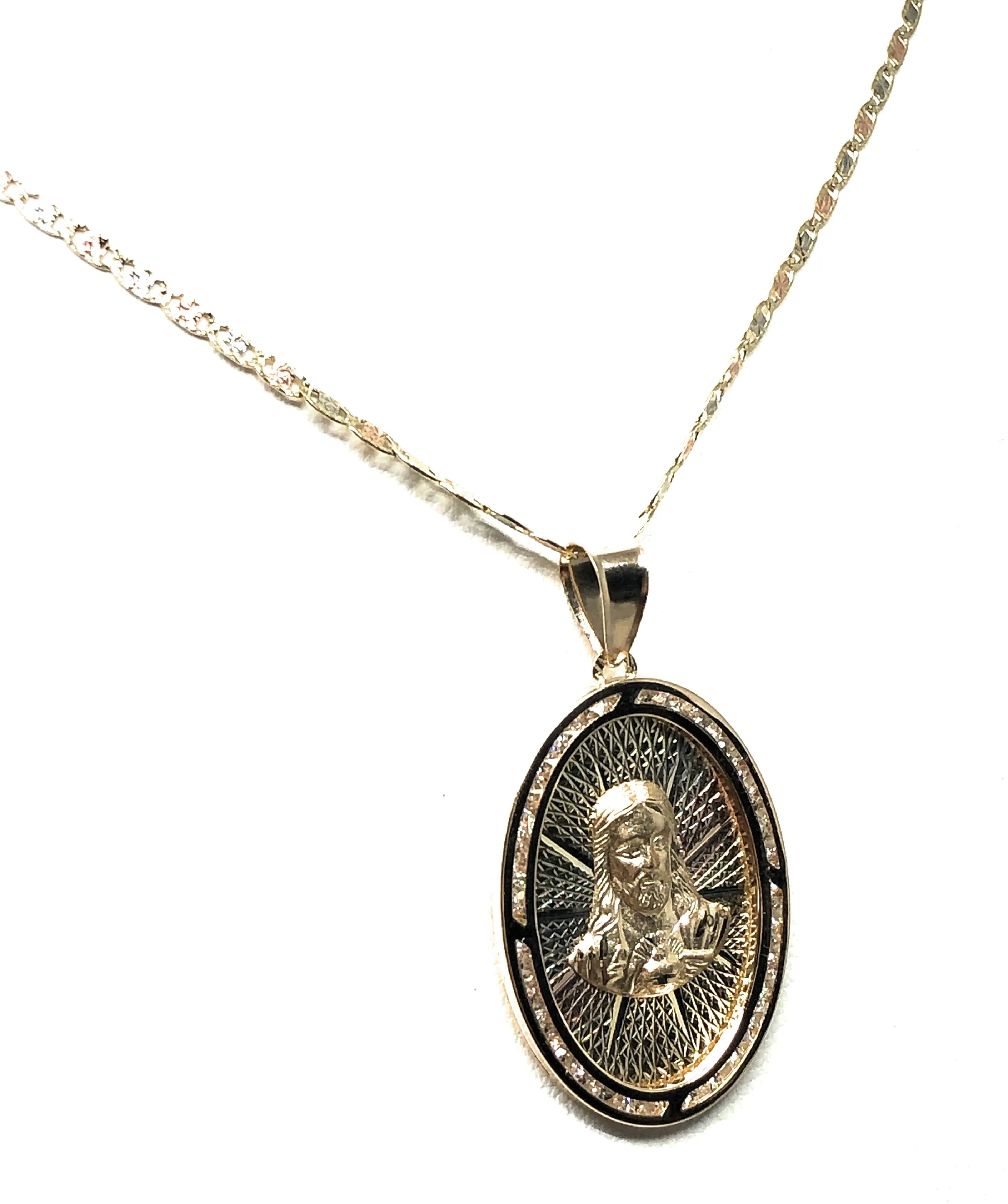 14k Solid Gold Tri-Color Jesus Sagrado Corazon Oval Pendant Necklace Valentina Chain