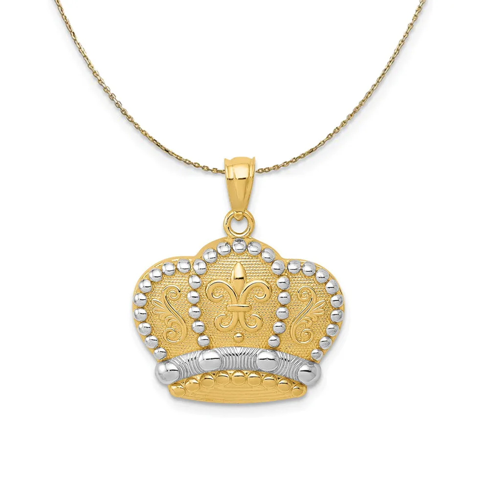 14k Yellow Gold and Rhodium Fleur de lis Crown Necklace