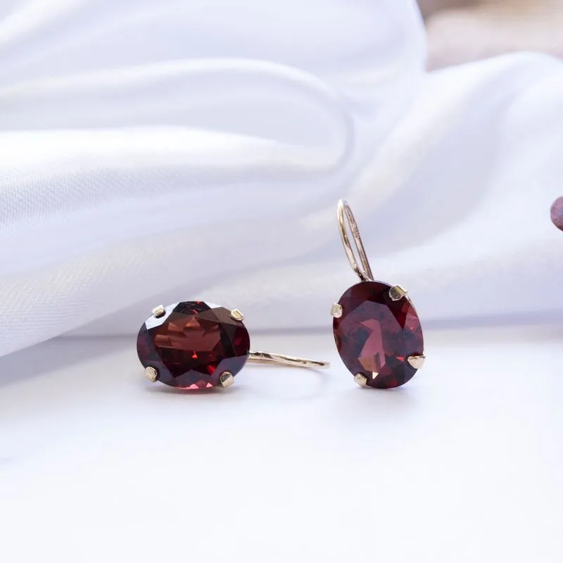 14K Yellow Gold Oval Red Garnet 8X10mm Dangle Earrings