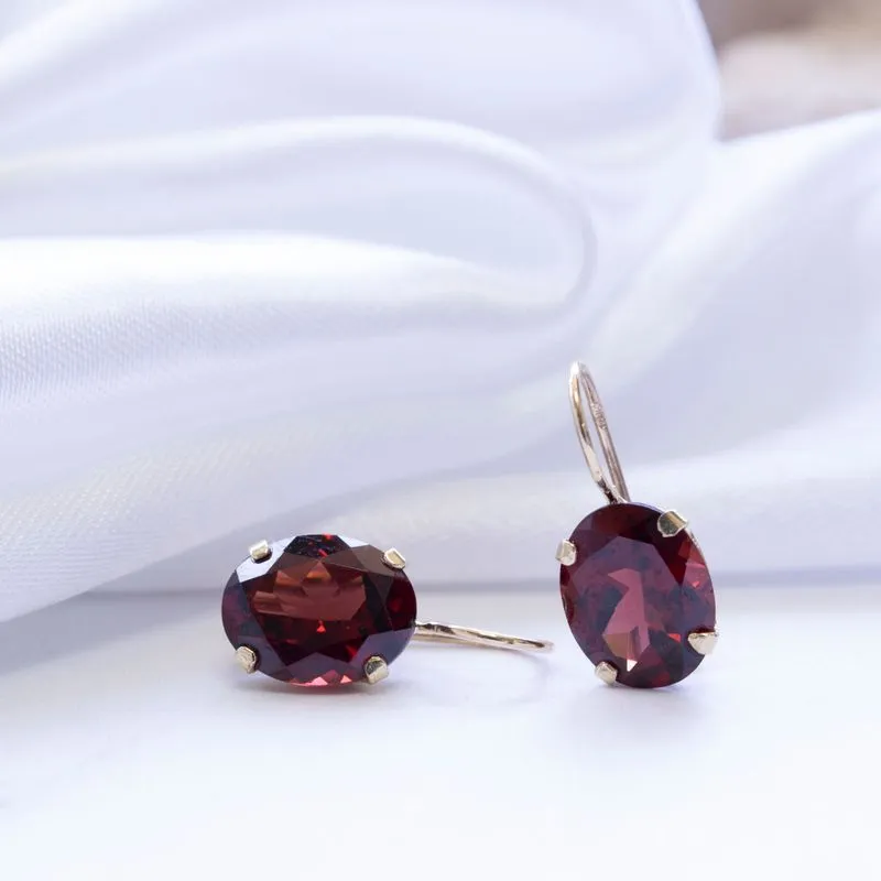 14K Yellow Gold Oval Red Garnet 8X10mm Dangle Earrings