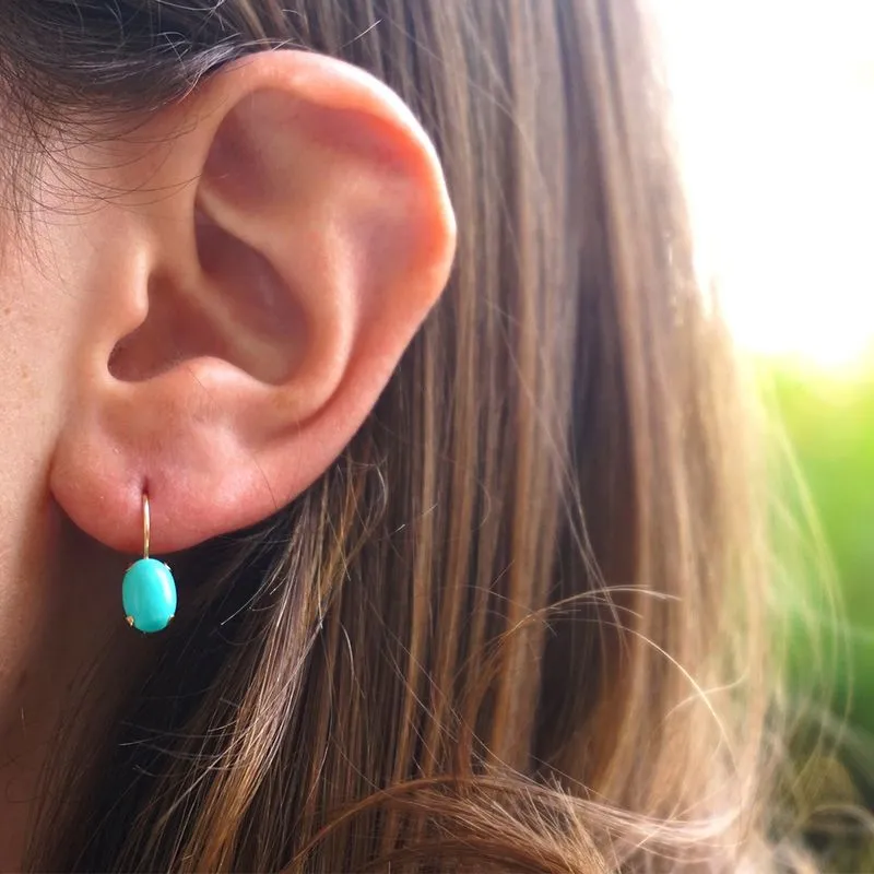 14K Yellow Gold Oval Turquoise 6X8mm Dangle Earrings