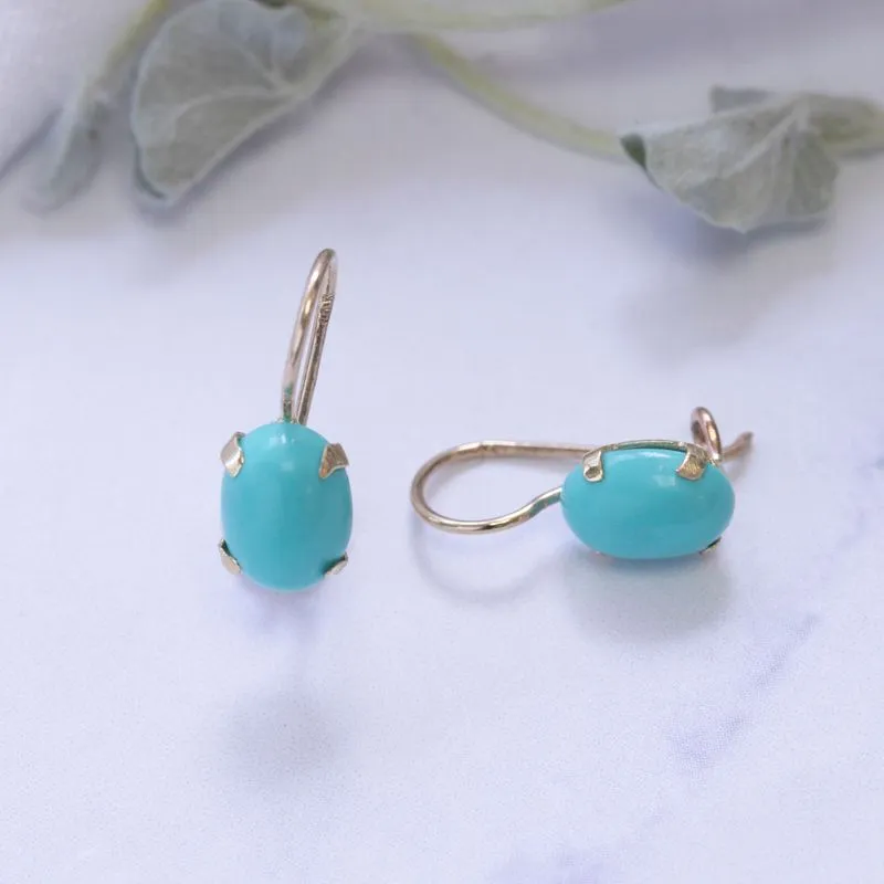 14K Yellow Gold Oval Turquoise 6X8mm Dangle Earrings