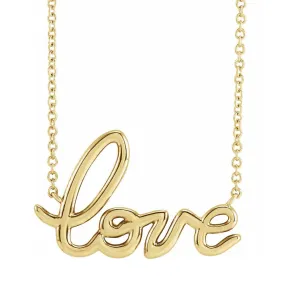 14K Yellow Gold Petite Love Script Necklace, 16 or 18 Inch