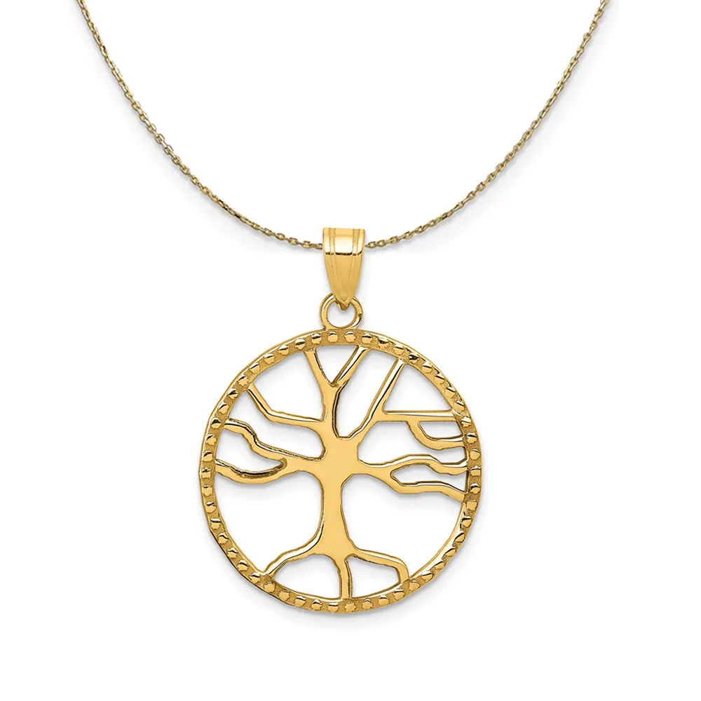 14k Yellow Gold Round Framed Tree of Life Necklace