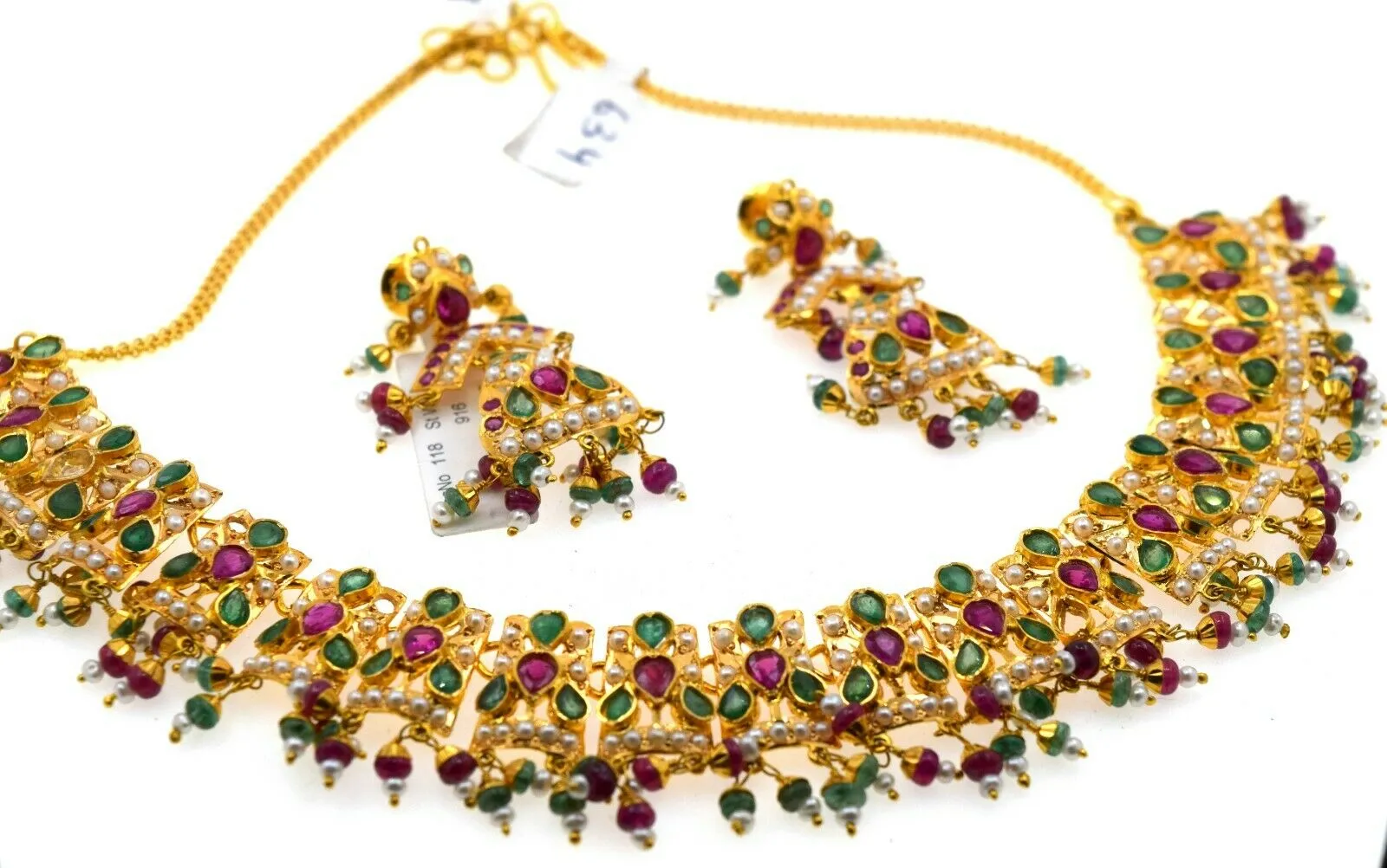 22k Necklace Set Solid Gold Ladies Classic Multi Stone Jadau Design LS126