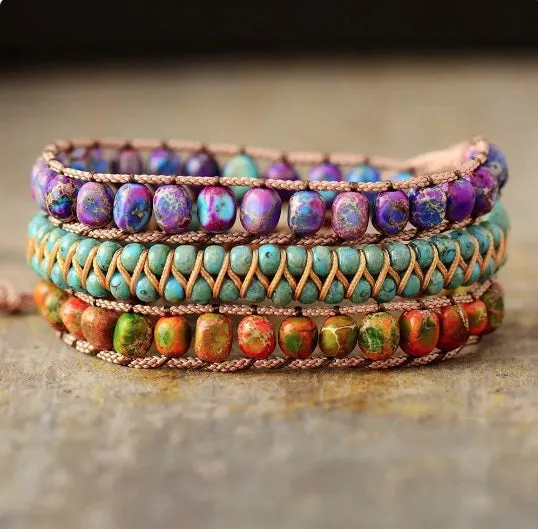 3X Wrap Bracelet - Jasper Mix Beaded Wrap Leather Bracelet