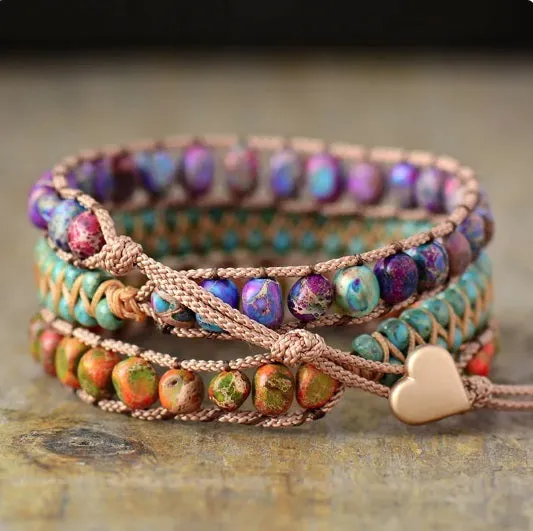 3X Wrap Bracelet - Jasper Mix Beaded Wrap Leather Bracelet