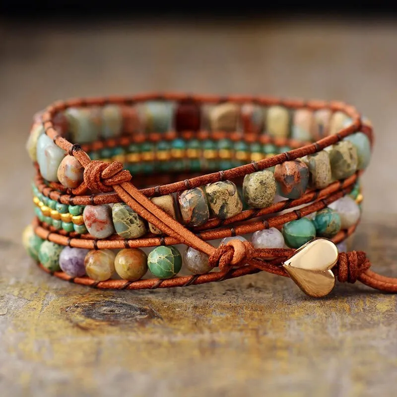 3X Wrap Bracelet - Seed Bead, Jasper Mix Beaded Wrap Leather Bracelet