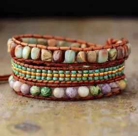 3X Wrap Bracelet - Seed Bead, Jasper Mix Beaded Wrap Leather Bracelet