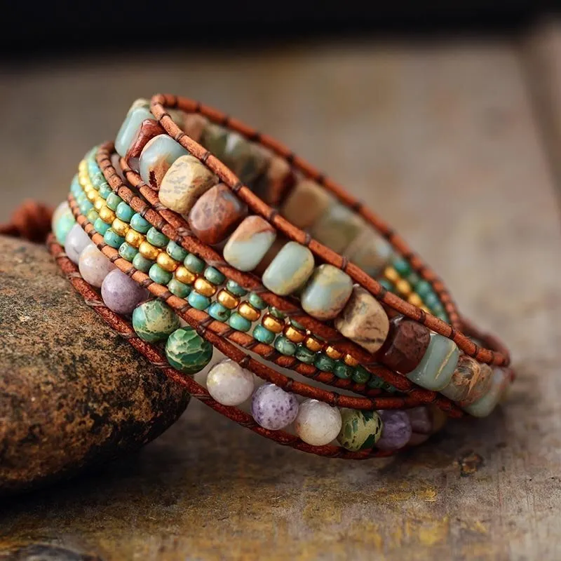 3X Wrap Bracelet - Seed Bead, Jasper Mix Beaded Wrap Leather Bracelet