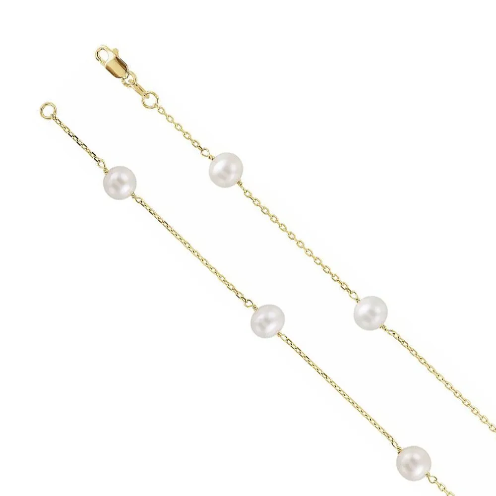 5mm 14K Yellow Gold Freshwater Cultured Pearl Station Necklace