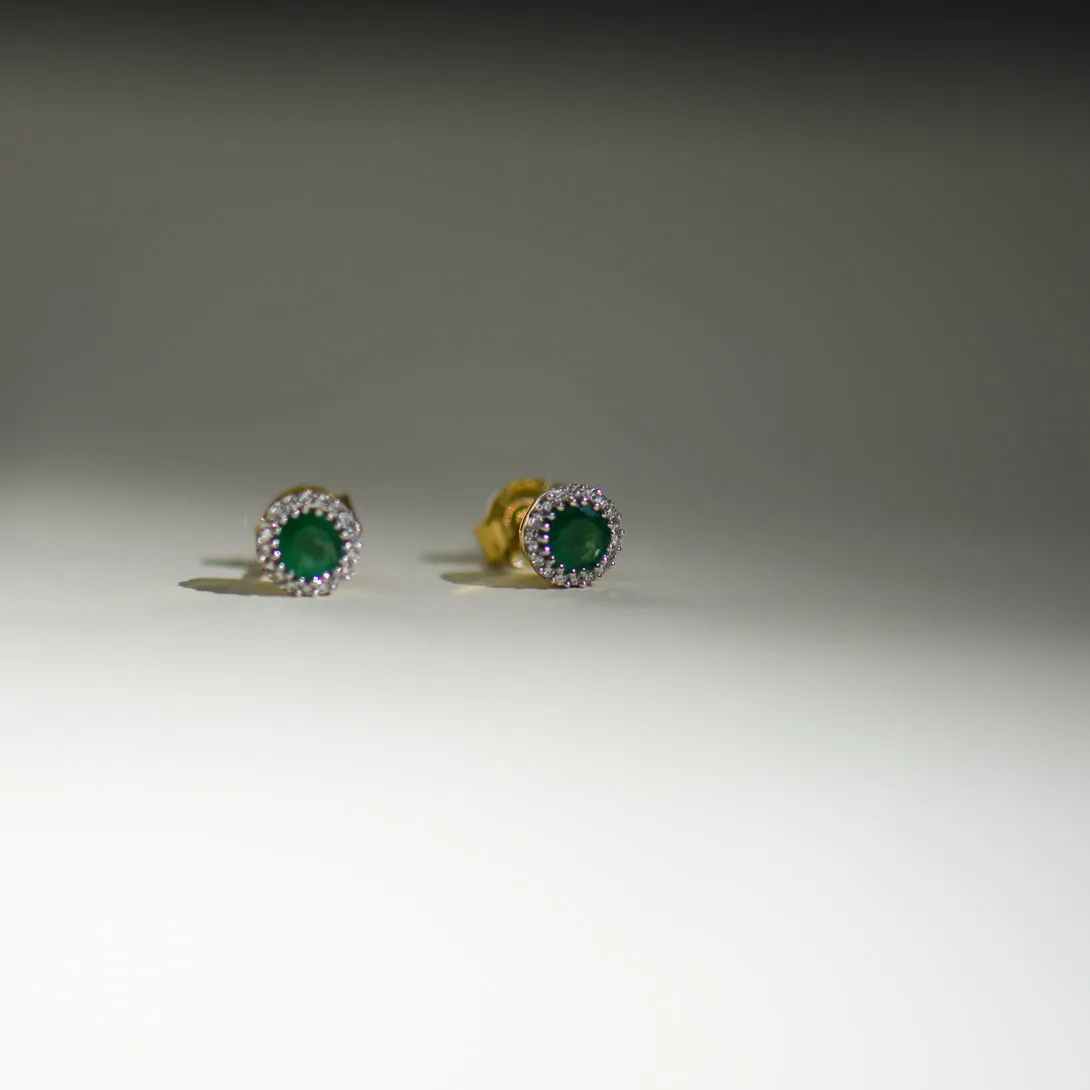 9K Gold Round Emerald and Diamond Stud Earrings