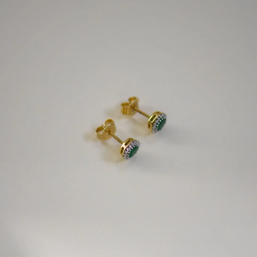 9K Gold Round Emerald and Diamond Stud Earrings