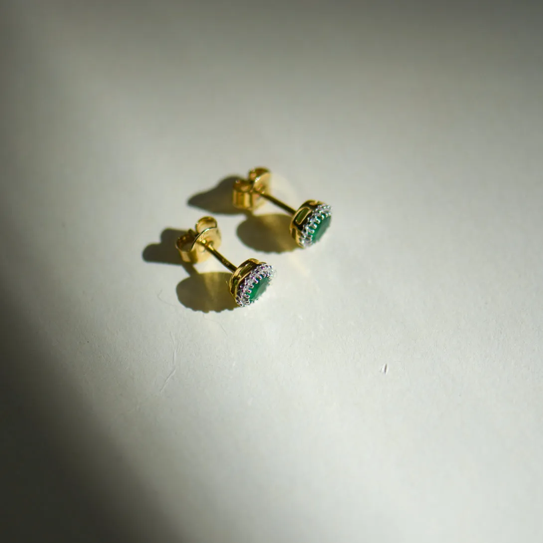 9K Gold Round Emerald and Diamond Stud Earrings