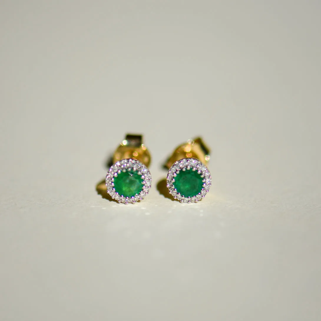 9K Gold Round Emerald and Diamond Stud Earrings