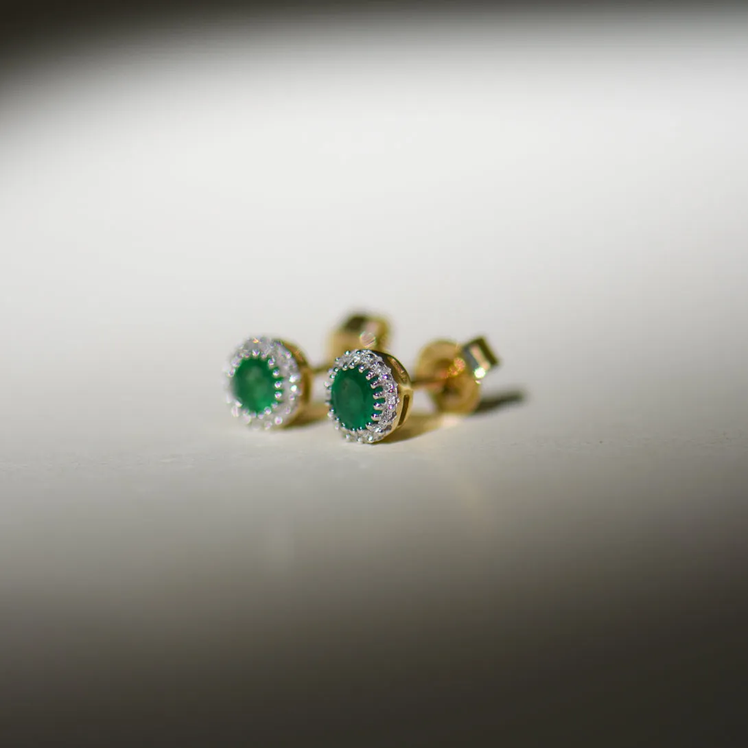 9K Gold Round Emerald and Diamond Stud Earrings