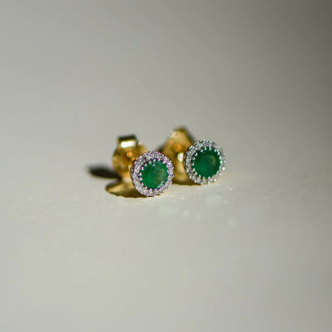 9K Gold Round Emerald and Diamond Stud Earrings