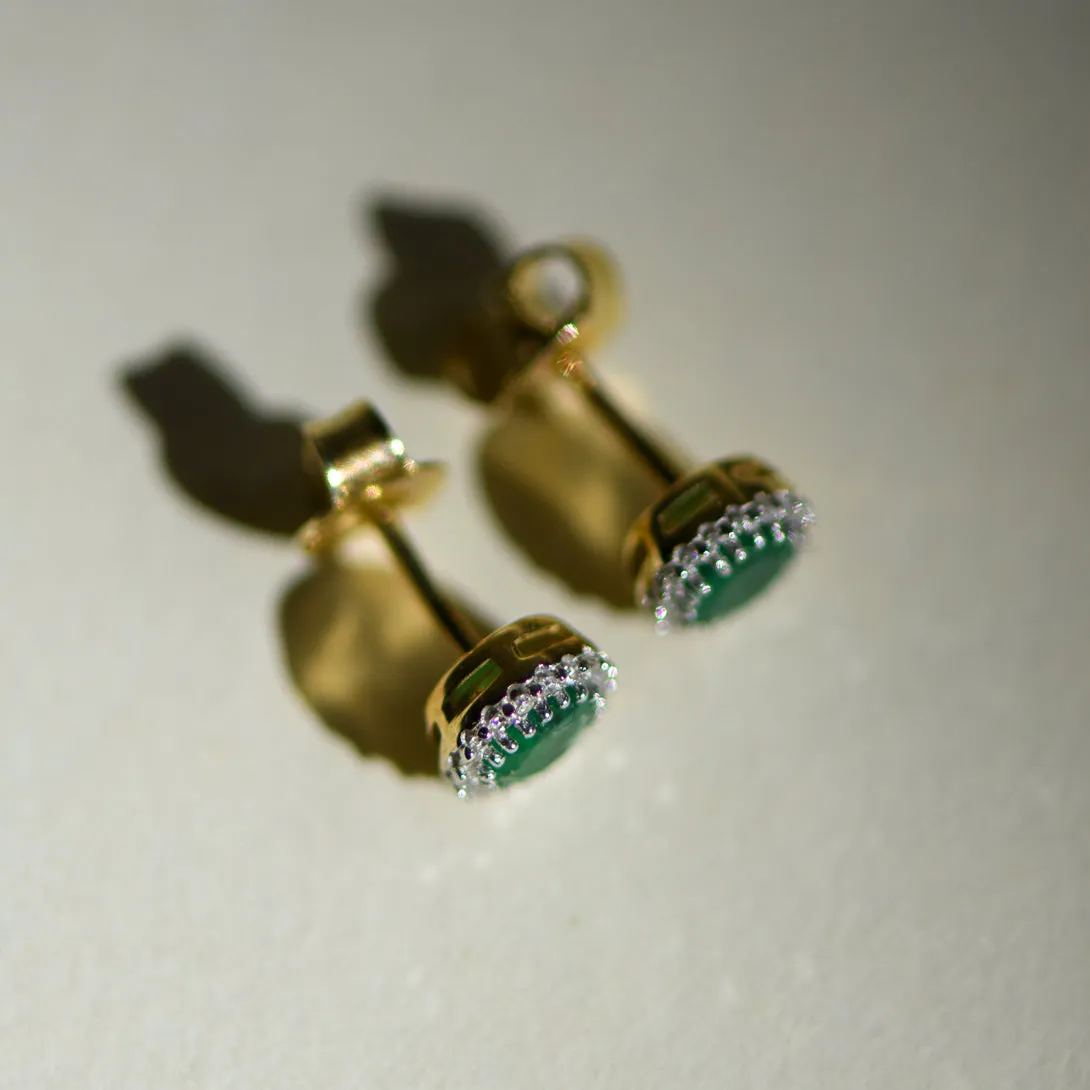 9K Gold Round Emerald and Diamond Stud Earrings