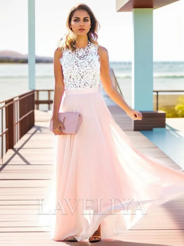 A-line Bateau Appliques Lace Floor-Length Chiffon Dress  #PE0559