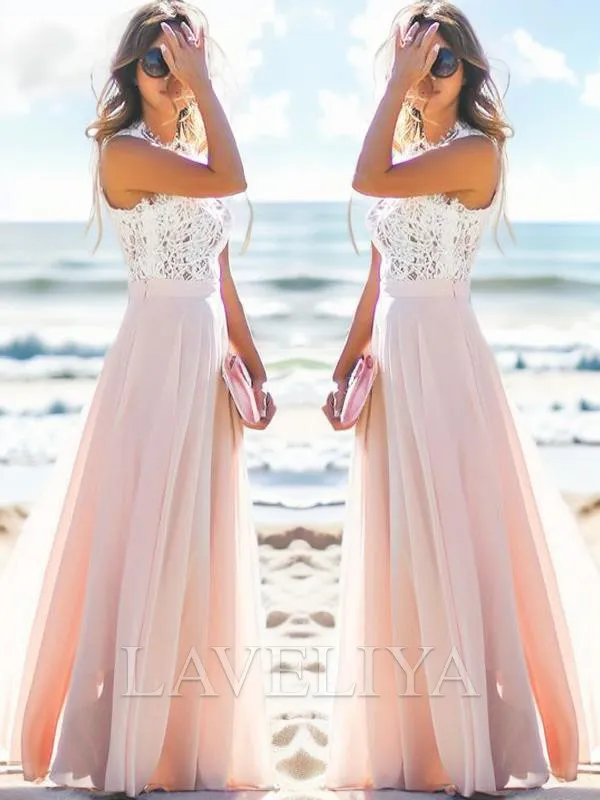 A-line Bateau Appliques Lace Floor-Length Chiffon Dress  #PE0559