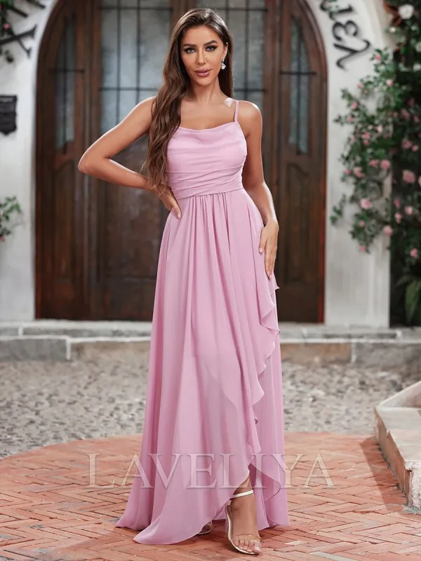 A-line Cowl Pleated Floor-Length Chiffon Bridesmaid Dress  #ZB240084