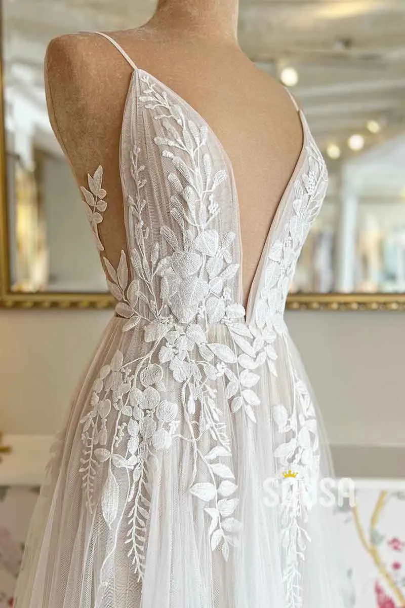 A Line Deep V neck Lace Appliques Elegant Boho Wedding Dress QW2357