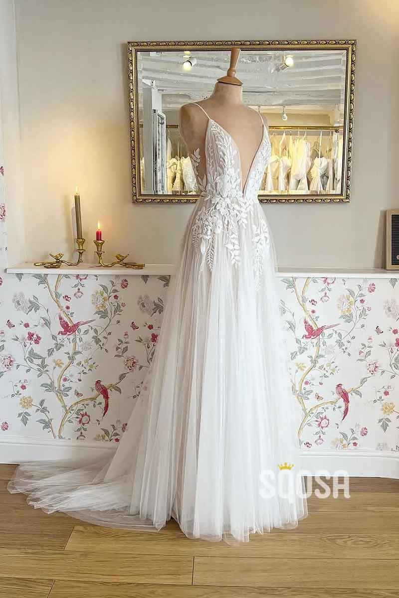 A Line Deep V neck Lace Appliques Elegant Boho Wedding Dress QW2357