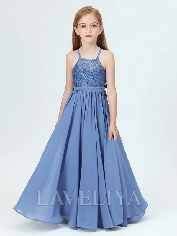 A-line Halter Lace Floor-Length Chiffon Junior Bridesmaid Dress  #HQF0080