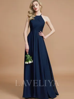 A-line Halter Pleated Floor-Length Chiffon Bridesmaid Dress  #ZB230224