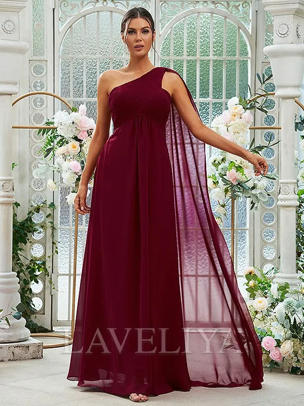 A-line One-Shoulder Ruffles Floor-Length Chiffon Bridesmaid Dress  #ZB230291