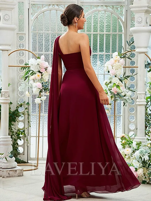 A-line One-Shoulder Ruffles Floor-Length Chiffon Bridesmaid Dress  #ZB230291