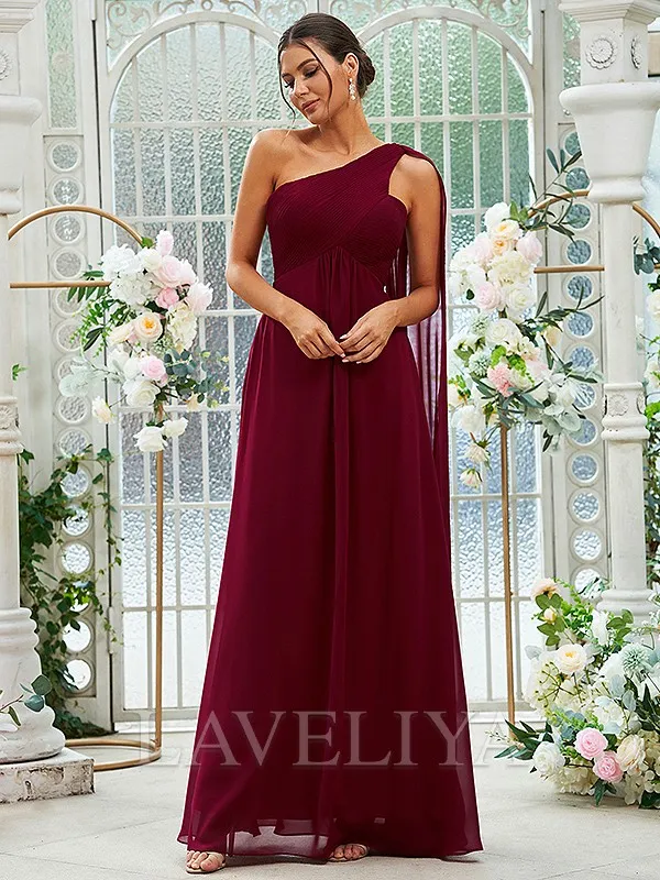 A-line One-Shoulder Ruffles Floor-Length Chiffon Bridesmaid Dress  #ZB230291