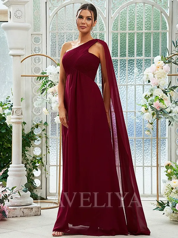 A-line One-Shoulder Ruffles Floor-Length Chiffon Bridesmaid Dress  #ZB230291