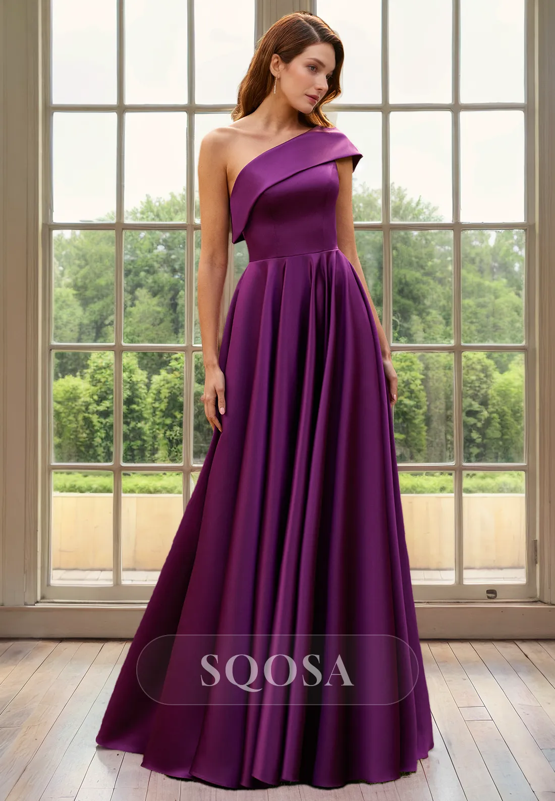 A Line One Shoulder Satin Elegant Cocktail Dress Long Mother of the Bride Dress