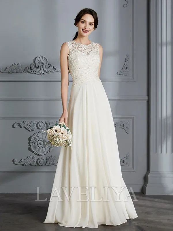 A-line Scoop Applique Floor-Length Chiffon Wedding Dress  #HW230098