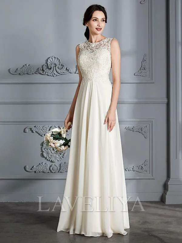 A-line Scoop Applique Floor-Length Chiffon Wedding Dress  #HW230098