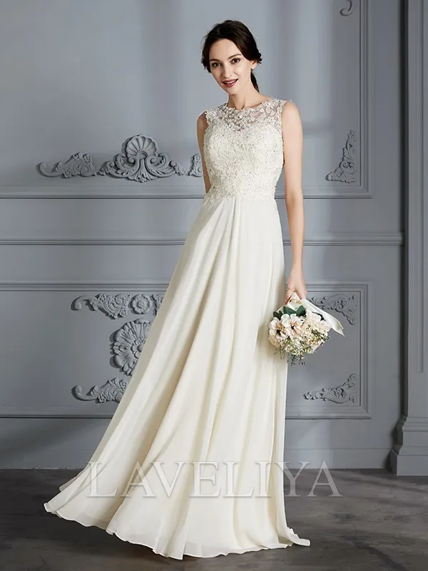 A-line Scoop Applique Floor-Length Chiffon Wedding Dress  #HW230098