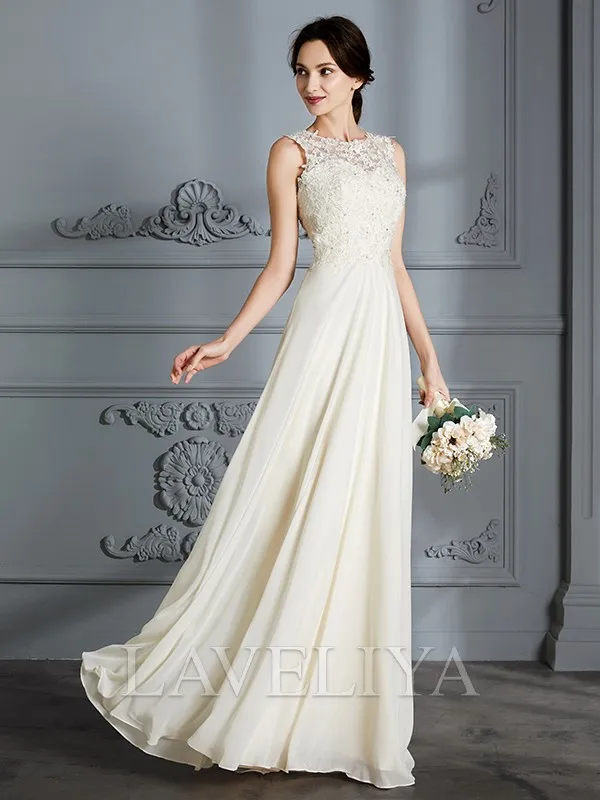 A-line Scoop Applique Floor-Length Chiffon Wedding Dress  #HW230098