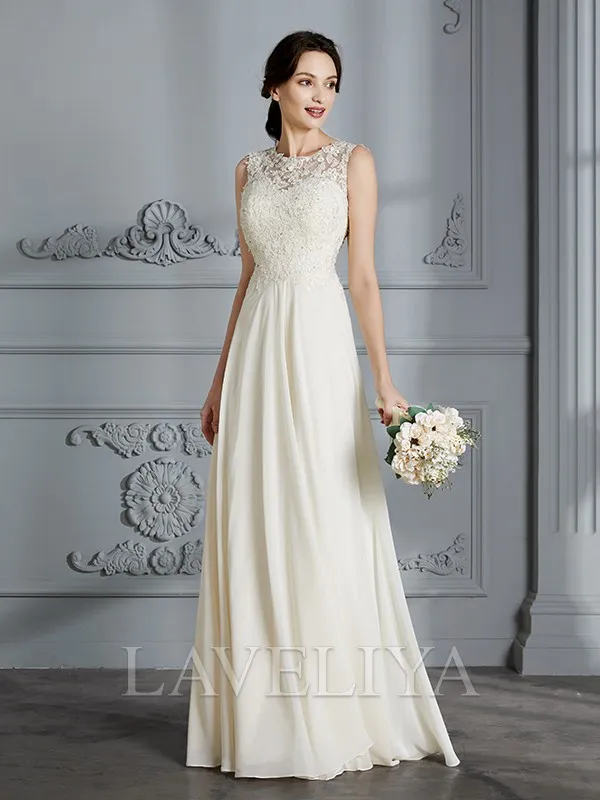 A-line Scoop Applique Floor-Length Chiffon Wedding Dress  #HW230098