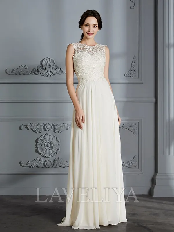 A-line Scoop Applique Floor-Length Chiffon Wedding Dress  #HW230098