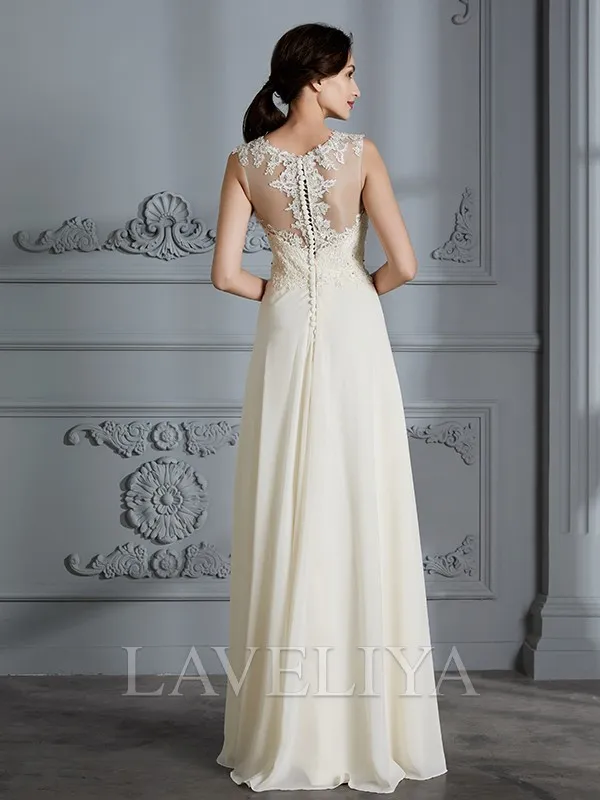 A-line Scoop Applique Floor-Length Chiffon Wedding Dress  #HW230098