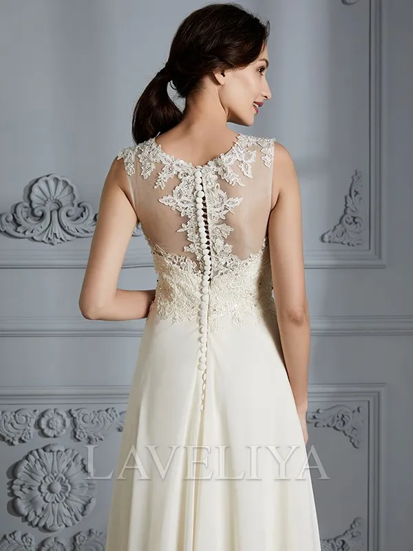 A-line Scoop Applique Floor-Length Chiffon Wedding Dress  #HW230098