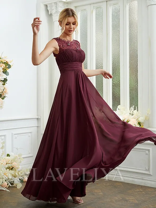 A-line Scoop Appliques Lace Floor-Length Chiffon Bridesmaid Dress  #ZB230069