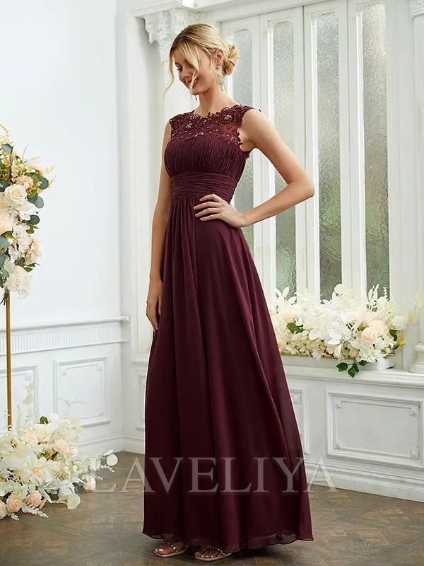 A-line Scoop Appliques Lace Floor-Length Chiffon Bridesmaid Dress  #ZB230069