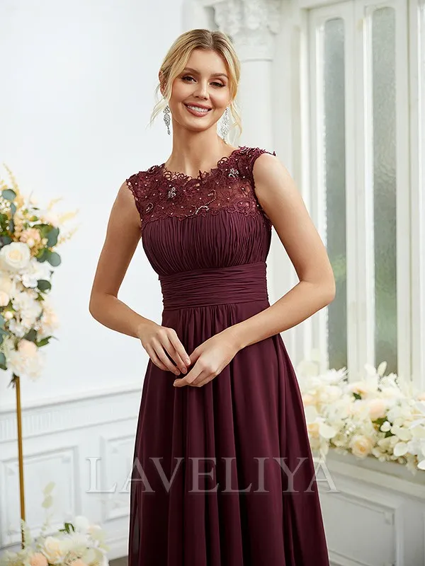 A-line Scoop Appliques Lace Floor-Length Chiffon Bridesmaid Dress  #ZB230069