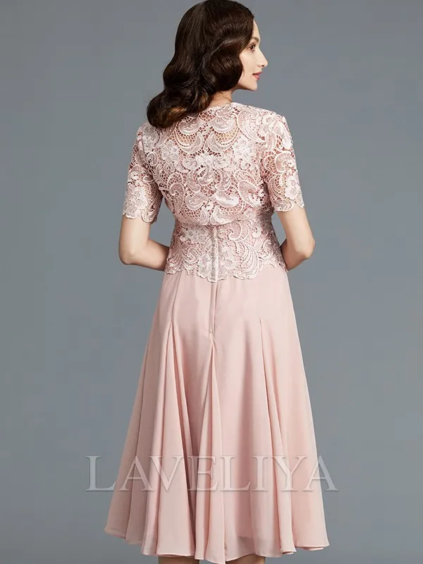 A-line Scoop Ruffles Tea-Length Chiffon Mother of the Bride Dress  #XM230128